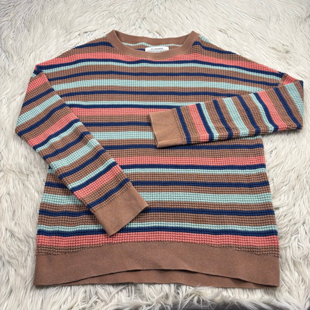 REI Co-op Women's M Multi-Color Waffle-Knit Striped Crew Sweater Granola Girl